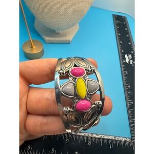 Boho Silver Tone Multi Color Stone Cuff Bracelet Pink Yellow Grey Statement